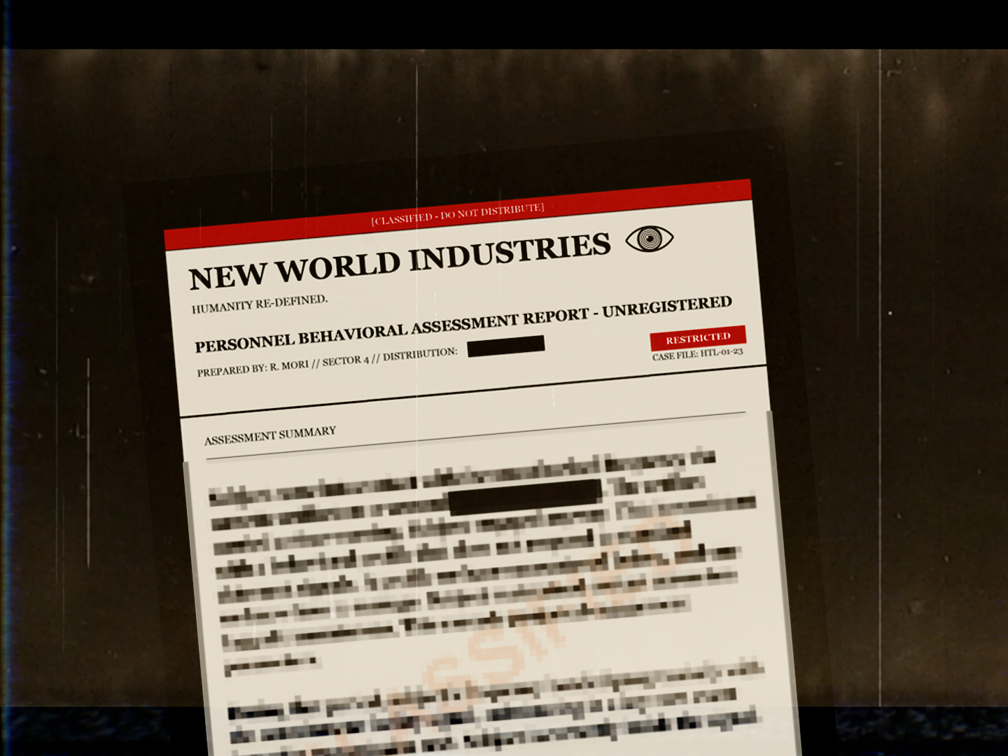 A still frame from the tape: an NWI personnel report tilted toward the camera, header readable, body blurred.